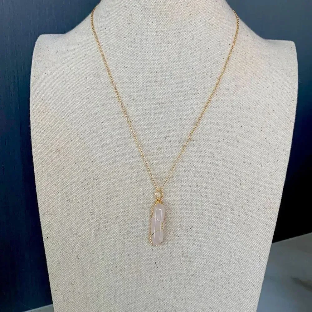Milky Pink Hexagonal Crystal Necklace Gold Tone Wire Wrapped